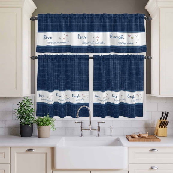 Kitchen Window Curtains Valance and Tier Set, Vintage Blue Plaid Stripes Rod Pocket Tier Curtains and Valance 3 Piece Set, Laugh Every Day Quote Window Treatment for Bedroom Living Room