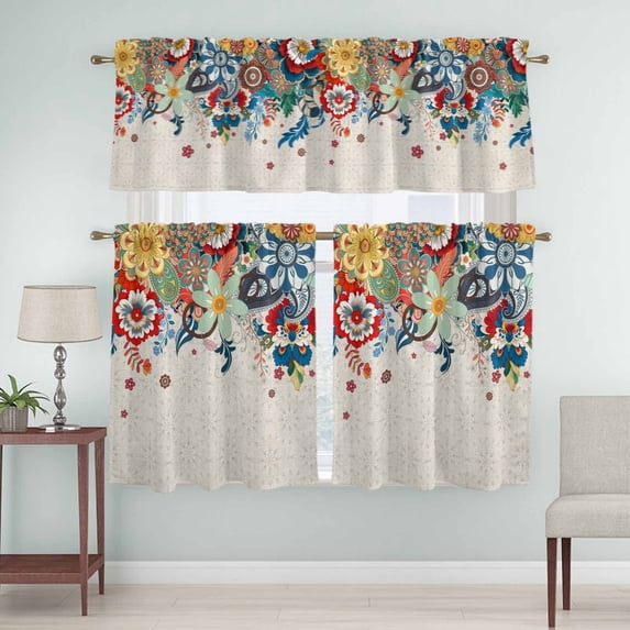 Kitchen Window Curtains Valance and Tier Set, Vintage Bohemian Flower Rod Pocket Tier Curtain Valance Set, Abstract Floral Art Light Filtering Cafe Curtains for Bedroom Living Room