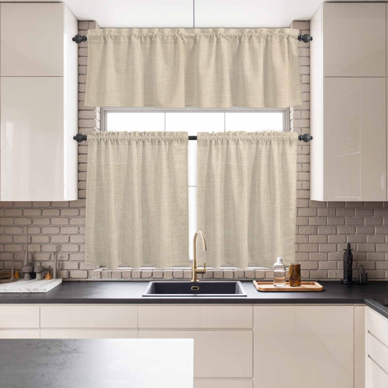 Kitchen Window Curtains Valance and Tier Set, Vintage Country Beige Linen Texture Rod Pocket Tier Curtains and Valance 3 Piece Set, Farm Burlap Window Treatment for Bedroom Living Room