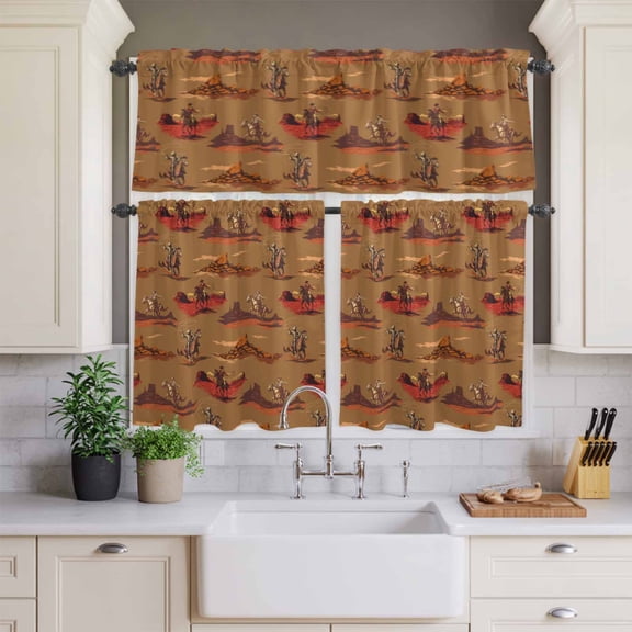 Kitchen Window Curtains Valance and Tier Set, Vintage Ethnic Cowboy Horse Rod Pocket Tier Curtains and Valance 3 Piece Set, Western Desert Theme Window Treatment for Bedroom Living Room
