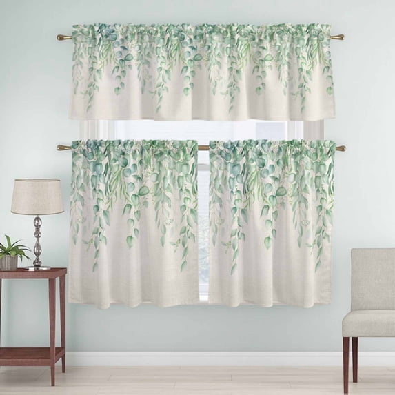 Kitchen Window Curtains Valance and Tier Set, Vintage Eucalyptus Leaves on Linen Rod Pocket Tier Curtain Valance Set, Country Leaves Light Filtering Cafe Curtains for Bedroom Living Room