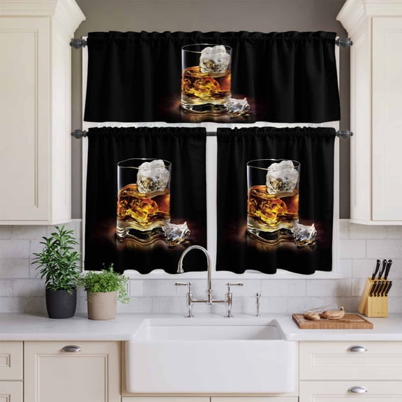 Kitchen Window Curtains Valance and Tier Set, Vintage Farm A Glasses of Whiskey with Ice Rod Pocket Tier Curtains and Valance 3 Piece Set, Chic Wooden Window Treatment for Bedroom Living Room