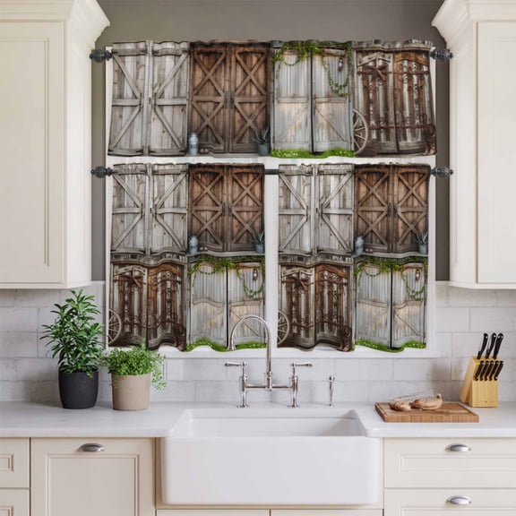 Kitchen Window Curtains Valance and Tier Set, Vintage Farmhouse Brown Barn Door Rod Pocket Tier Curtains and Valance 3 Piece Set, Farm Green Leaves Window Treatment for Bedroom Living Room