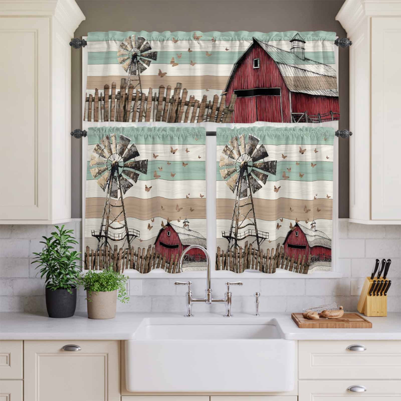 Kitchen Window Curtains Valance and Tier Set, Vintage Farmhouse