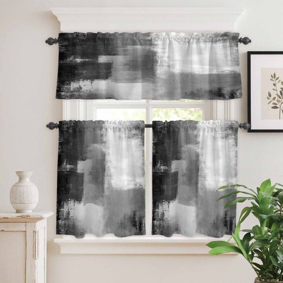 Kitchen Window Curtains Valance and Tier Set, Vintage Gray Color Block Texture Rod Pocket Tier Curtain Valance Set, Abstract Shabby Art Light Filtering Cafe Curtains for Bedroom Living Room