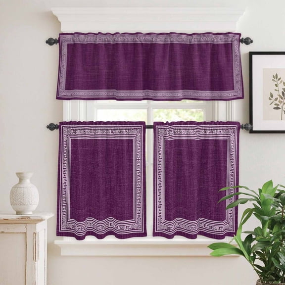 Kitchen Window Curtains Valance and Tier Set, Vintage Greece Trial Style Rod Pocket Tier Curtain Valance Set, White Purple Linen Texture Light Filtering Cafe Curtains for Bedroom Living Room