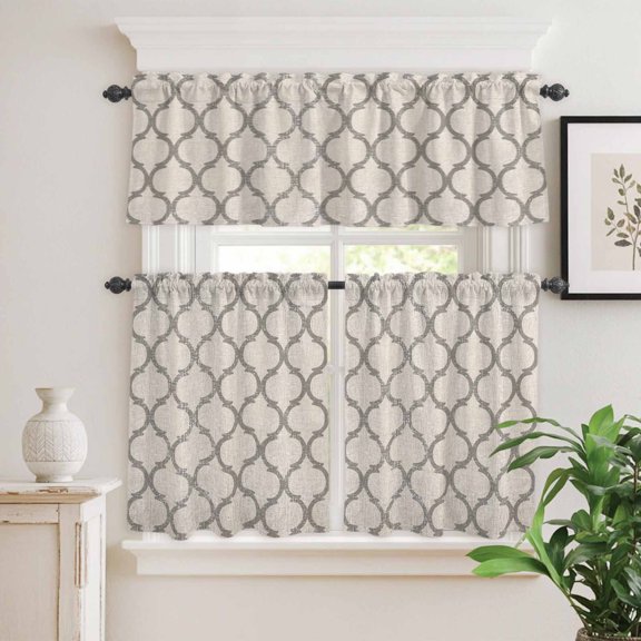 Kitchen Window Curtains Valance and Tier Set, Vintage Morocco Linen Texture Rod Pocket Tier Curtain Valance Set, Grey Geometric Pattern Light Filtering Cafe Curtains for Bedroom Living Room