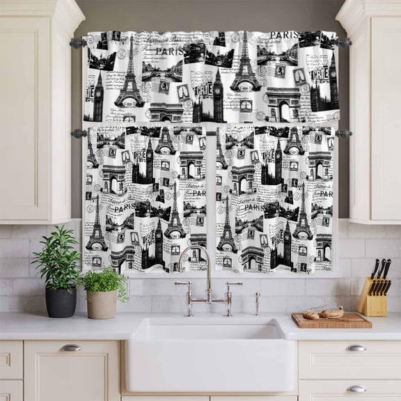 Kitchen Window Curtains Valance and Tier Set, Vintage Paris Gray Architectural Rod Pocket Tier Curtains and Valance 3 Piece Set, Modern Abstract Art Window Treatment for Bedroom Living Room