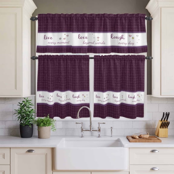 Kitchen Window Curtains Valance and Tier Set, Vintage Purple Plaid Stripes Rod Pocket Tier Curtains and Valance 3 Piece Set, Laugh Every Day Quote Window Treatment for Bedroom Living Room