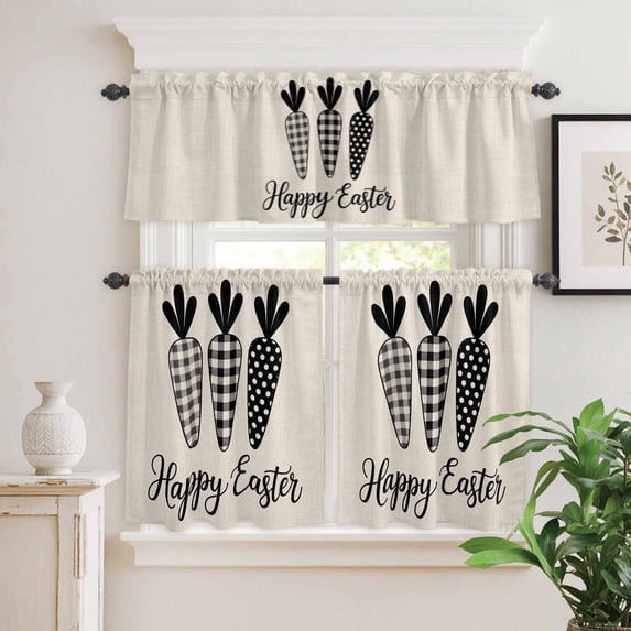 Kitchen Window Curtains Valance and Tier Set, Vintage Spring Carrots Rod Pocket Tier Curtain Valance Set, Happy Easter Words on Linen Light Filtering Cafe Curtains for Bedroom Living Room