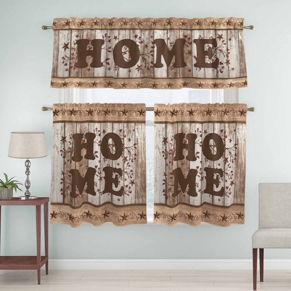 Kitchen Window Curtains Valance and Tier Set, Vintage Western Star Home Rod Pocket Tier Curtain Valance Set, Rustic Brown Wood Board Light Filtering Cafe Curtains for Bedroom Living Room