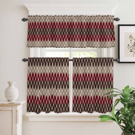 Kitchen Window Curtains Valance and Tier Set, Vintage White Curve Lines Mid Century Rod Pocket Tier Curtain Valance Set, Geometric Ogee Light Filtering Cafe Curtains for Bedroom Living Room