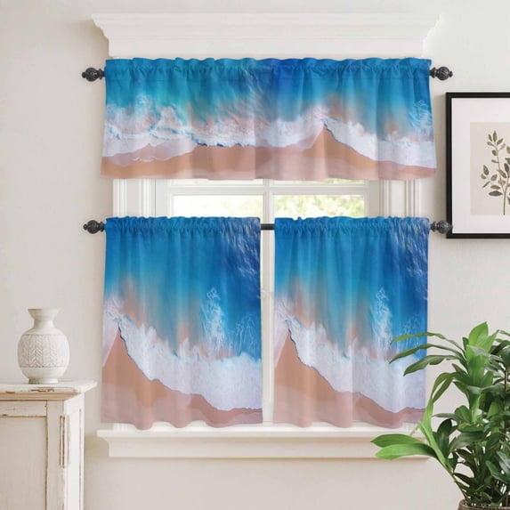 Kitchen Window Curtains Valance and Tier Set, Watercolor Beach Blue Ombre Rod Pocket Tier Curtain Valance Set, Summer Sandbeach Seaside Light Filtering Cafe Curtains for Bedroom Living Room