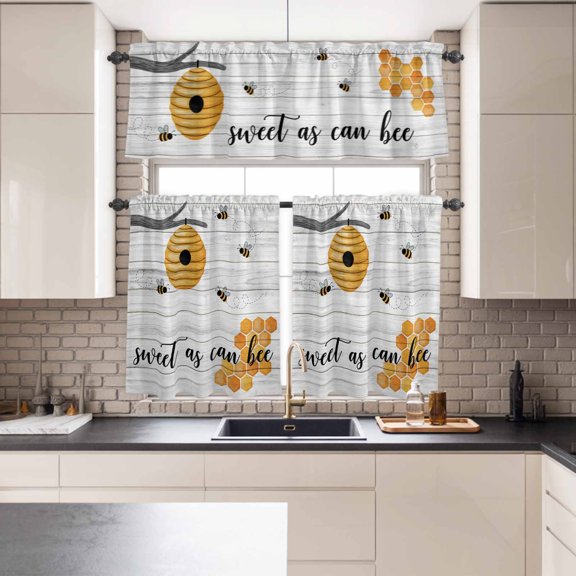 Kitchen Window Curtains Valance and Tier Set, Watercolor Bee Honeycomb Tree Branch Rod Pocket Tier Curtains and Valance 3 Piece Set, Farm Wood Grain Window Treatment for Bedroom Living Room
