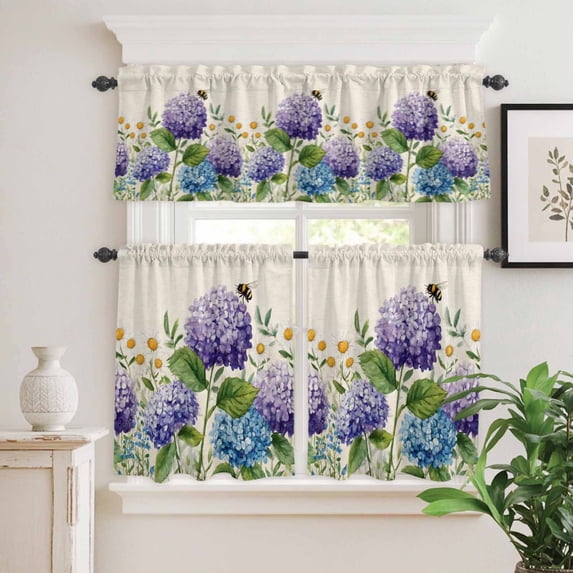 Kitchen Window Curtains Valance and Tier Set, Watercolor Blue Purple Flowers Rod Pocket Tier Curtain Valance Set, Bee on Linen Light Filtering Cafe Curtains for Bedroom Living Room