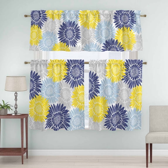 Kitchen Window Curtains Valance and Tier Set, Watercolor Blue Yellow Blooming Sunflowers Rod Pocket Tier Curtain Valance Set, Abstract Flowers Light Filtering Cafe Curtains for Bedroom Living Room