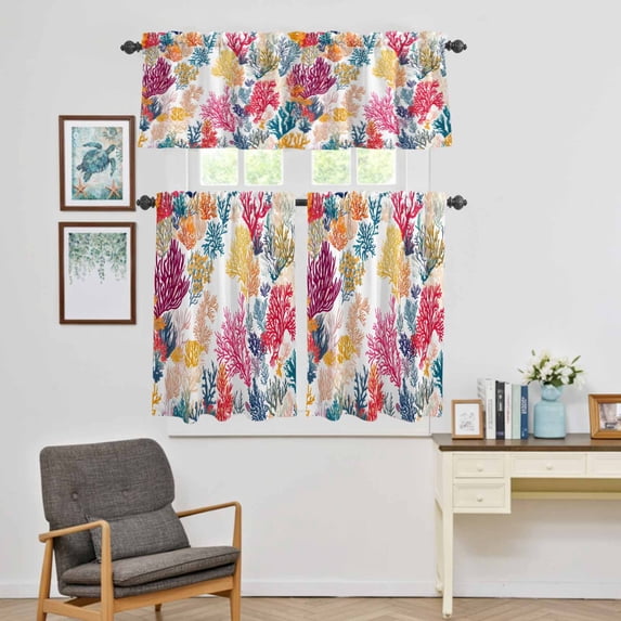 Kitchen Window Curtains Valance and Tier Set, Watercolor Coastal Ocean Coral Rod Pocket Tier Curtain Valance Set, Colorful Marine Creature Light Filtering Cafe Curtains for Bedroom Living Room