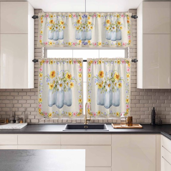 Kitchen Window Curtains Valance and Tier Set, Watercolor Daisy Flower Leaves Rod Pocket Tier Curtains and Valance 3 Piece Set, Floral Bottle on Burlap Window Treatment for Bedroom Living Room