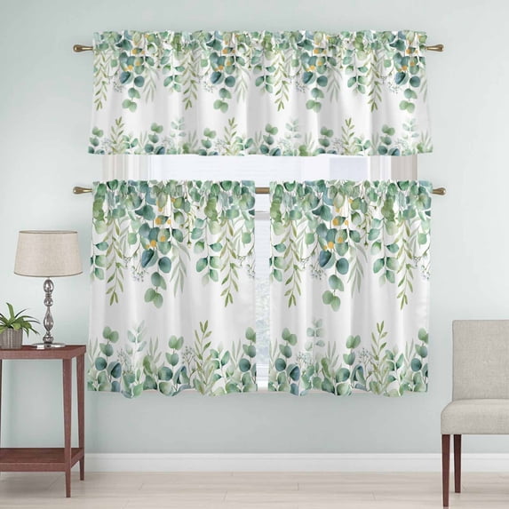 Kitchen Window Curtains Valance and Tier Set, Watercolor Eucalyptus Leaves Floral Rod Pocket Tier Curtain Valance Set, Summer Plants Leaf Light Filtering Cafe Curtains for Bedroom Living Room