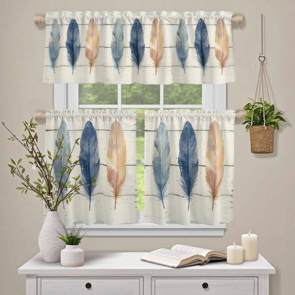 Kitchen Window Curtains Valance and Tier Set, Watercolor Feather Farm Wood Grain Rod Pocket Tier Curtain Valance Set, Rustic Beige Wooden Plank Light Filtering Cafe Curtains for Bedroom Living Room