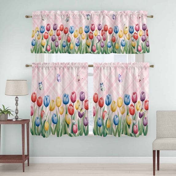 Kitchen Window Curtains Valance and Tier Set, Watercolor Flowers Tulips Butterflies Rod Pocket Tier Curtain Valance Set, Geometric Striped Light Filtering Cafe Curtains for Bedroom Living Room