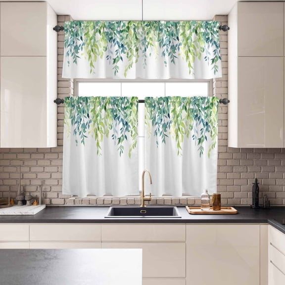 Kitchen Window Curtains Valance and Tier Set, Watercolor Foliage Pastoral Willow Rod Pocket Tier Curtains and Valance 3 Piece Set, Spring Gradient Plant Window Treatment for Living Room Bedroom