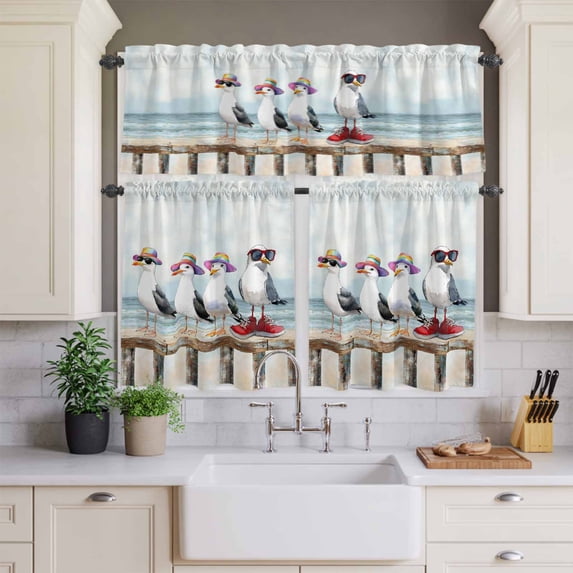Kitchen Window Curtains Valance and Tier Set, Watercolor Funny Seagull Bird Rod Pocket Tier Curtains and Valance 3 Piece Set, Ocean Beach Coast Scene Window Treatment for Bedroom Living Room