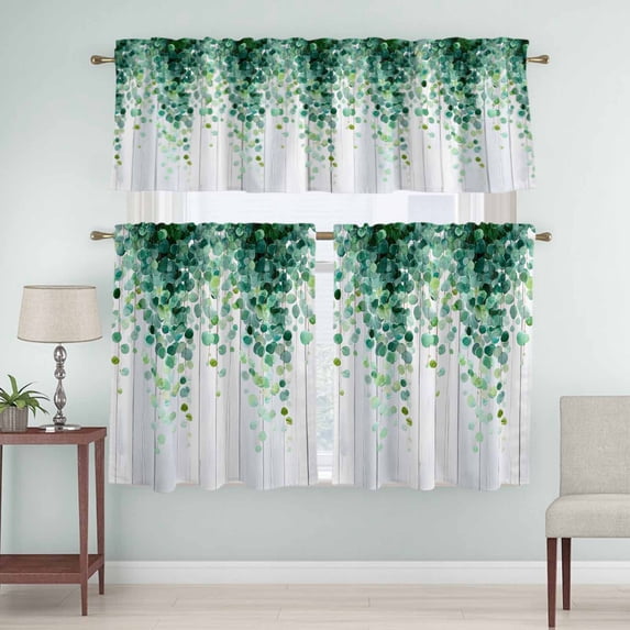 Kitchen Window Curtains Valance and Tier Set, Watercolor Green Botanical Leaves Rod Pocket Tier Curtain Valance Set, Farm Plant Wood Grain Light Filtering Cafe Curtains for Bedroom Living Room