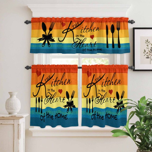 Kitchen Window Curtains Valance and Tier Set, Watercolor Kitchen Tableware Heart Rod Pocket Tier Curtain Valance Set, Modern Colorful Striped Light Filtering Cafe Curtains for Bedroom Living Room