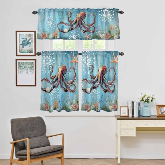 Kitchen Window Curtains Valance and Tier Set, Watercolor Ocean Octopus Starfish Rod Pocket Tier Curtain Valance Set, Sea Monster Light Filtering Cafe Curtains for Bedroom Living Room