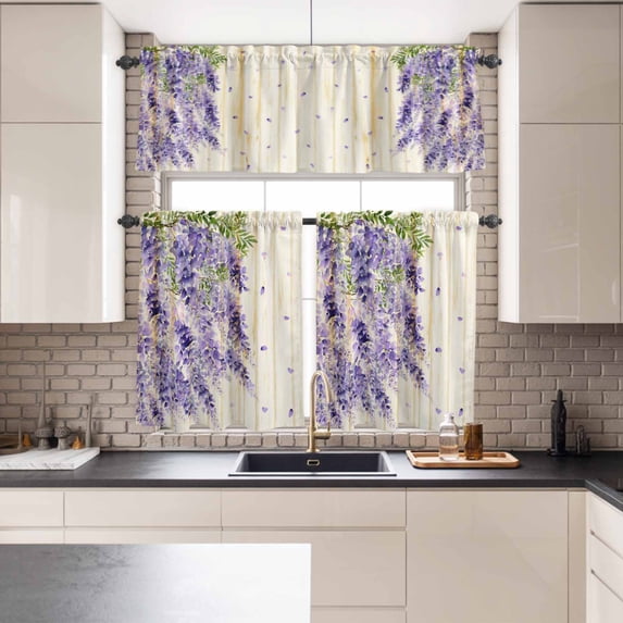 Kitchen Window Curtains Valance and Tier Set, Watercolor Purple Vineflowers Petals Rod Pocket Tier Curtains and Valance 3 Piece Set, Yellow Wood Board Window Treatment for Bedroom Living Room