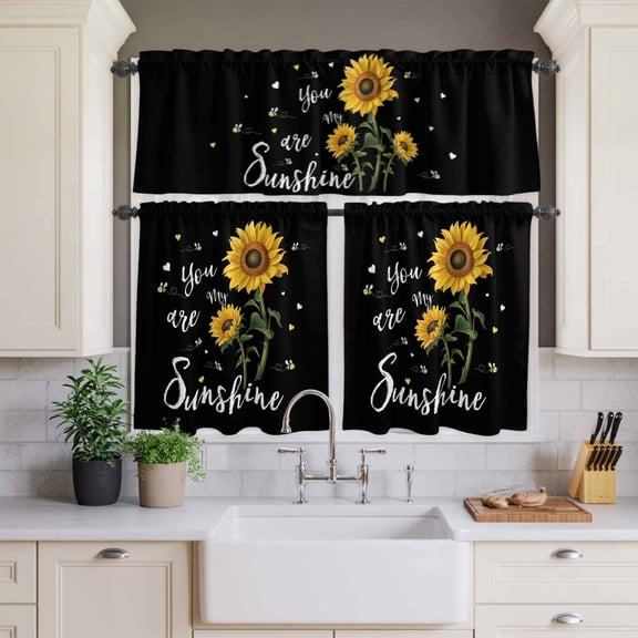 Kitchen Window Curtains Valance and Tier Set, Watercolor Sunflower Bee Love Rod Pocket Tier Curtains and Valance 3 Piece Set, Sunshine Quote Black Back Window Treatment for Bedroom Living Room