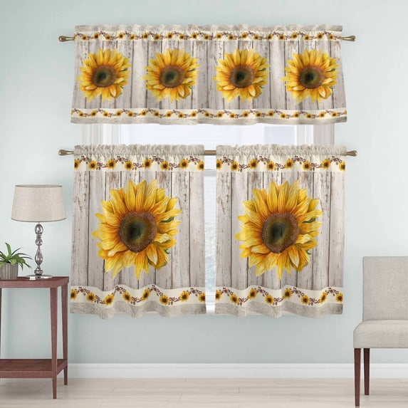 Kitchen Window Curtains Valance and Tier Set, Watercolor Sunflower Berry on Wood Rod Pocket Tier Curtain Valance Set, Farm Wooden Plank Light Filtering Cafe Curtains for Bedroom Living Room