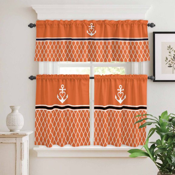 Kitchen Window Curtains Valance and Tier Set, White Nautical Anchor Orange Theme Rod Pocket Tier Curtain Valance Set, Morocco Geometric Stripe Light Filtering Cafe Curtains for Bedroom Living Room