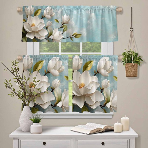 Kitchen Window Curtains Valance and Tier Set, White Tulip Spring Blossom Floral Rod Pocket Tier Curtain Valance Set, Still Life Blue Gradient Light Filtering Cafe Curtains for Bedroom Living Room