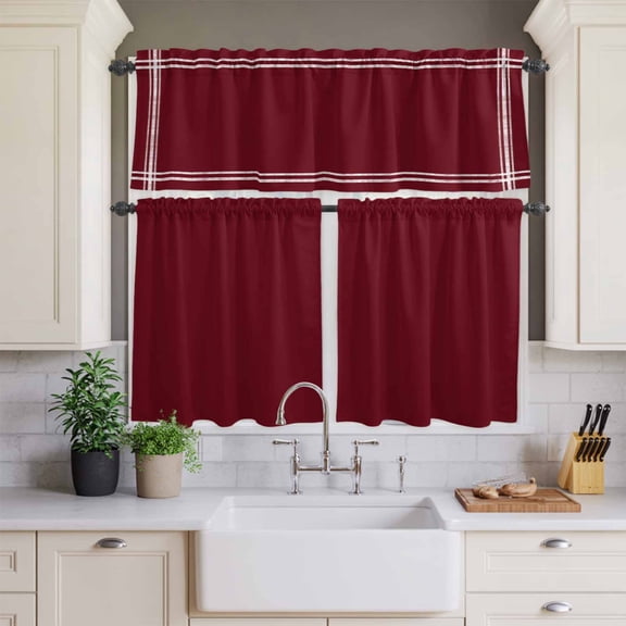 Kitchen Window Curtains Valance and Tier Set, Wine Red Dark Maroon Rod Pocket Tier Curtains and Valance 3 Piece Set, Burgundy Red Light Filtering Window Treatment for Bedroom Living Room