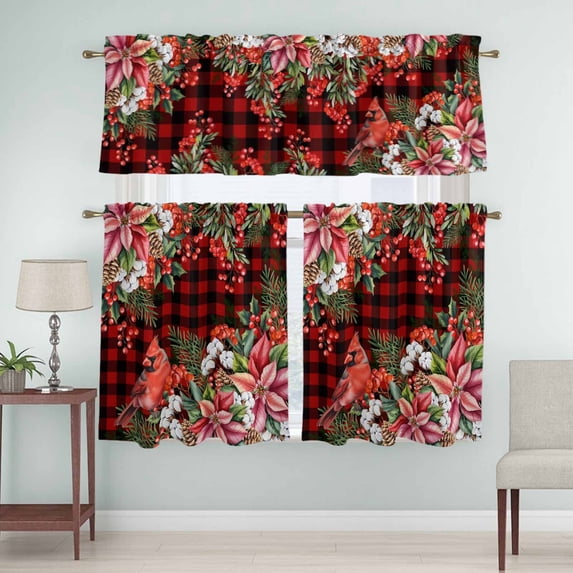 Kitchen Window Curtains Valance and Tier Set, Winter Canary Poinsettia Berry Rod Pocket Tier Curtain Valance Set, Christmas Buffalo Check Light Filtering Cafe Curtains for Bedroom Living Room