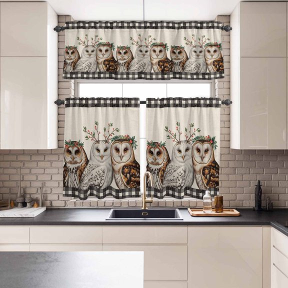 Kitchen Window Curtains Valance and Tier Set, Winter Owls with Berry Leaf Rod Pocket Tier Curtains and Valance 3 Piece Set, Retro Linen Buffalo Plaid Window Treatment for Bedroom Living Room