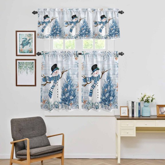Kitchen Window Curtains Valance and Tier Set, Winter Snowman Pine Tree Rod Pocket Tier Curtain Valance Set, Ocean Starfish Coral Wood Plank Light Filtering Cafe Curtains for Bedroom Living Room