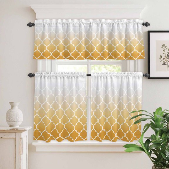 Kitchen Window Curtains Valance and Tier Set, Yellow Gradient Moroccan Pattern Rod Pocket Tier Curtain Valance Set, White Stripes Buffalo Check Light Filtering Cafe Curtains for Bedroom
