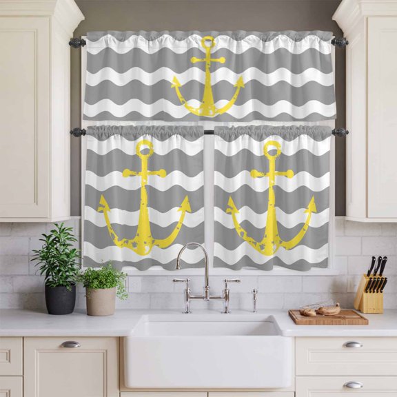 Kitchen Window Curtains Valance and Tier Set, Yellow Nautical Anchor on Grey White Chaven Stripes Rod Pocket Tier Curtains and Valance 3 Piece Set, Zig Zag Lines Window Treatment for Bedroom