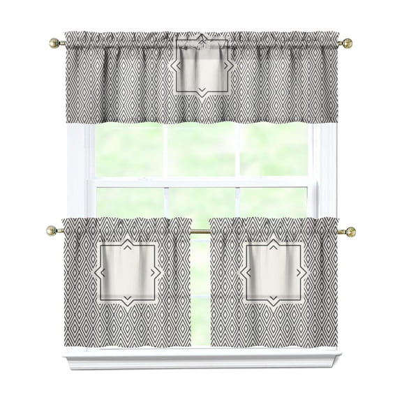 Kitchen Window Curtains over Sink Black Geometry 24 Inch 3 Pieces Set Small Window Cafe Curtains for Home Decor Rod Pocket Tier Drapes
