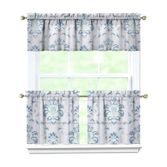 Kitchen Window Curtains over Sink Blue Grey Baroque 24 Inch 3 Pieces Set Small Window Cafe Curtains for Home Decor Rod Pocket Tier Drapes