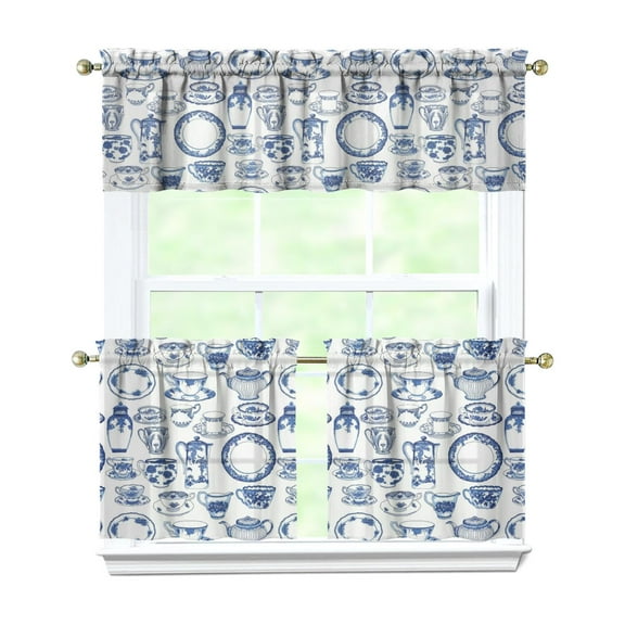 Kitchen Window Curtains over Sink Blue and White Porcelain 24 Inch 3 Pieces Set Small Window Cafe Curtains for Home Decor Rod Pocket Tier Drapes