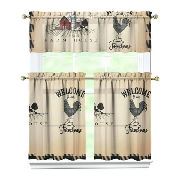 Kitchen Window Curtains over Sink Farmhouse and Chickens 36 Inch 3 Pieces Set Small Window Cafe Curtains for Home Decor Rod Pocket Tier Drapes