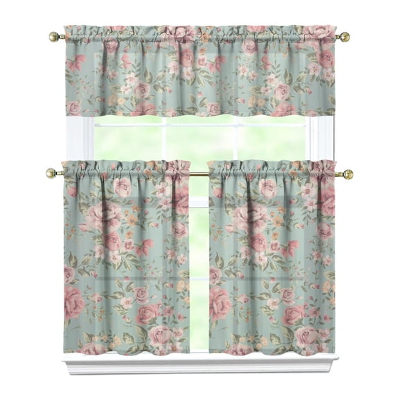 Kitchen Window Curtains over Sink Floral Rose 2 36 Inch 3 Pieces Set Small Window Cafe Curtains for Home Decor Rod Pocket Tier Drapes