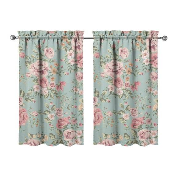 Kitchen Window Curtains over Sink Floral Rose 2 Small Window Treatment White Cafe Short Curtains for Bathroom Tier Drapes 27.5x39 Inch