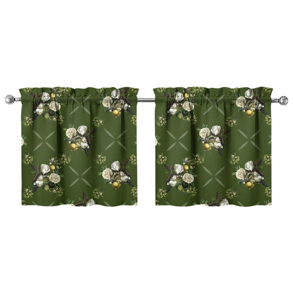 Kitchen Window Curtains over Sink Green Classical Floral Small Window Treatment White Cafe Short Curtains for Bathroom Tier Drapes 27.5x24inch