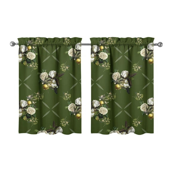 Kitchen Window Curtains over Sink Green Classical Floral Small Window Treatment White Cafe Short Curtains for Bathroom Tier Drapes 27.5x36inch