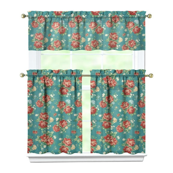 Kitchen Window Curtains over Sink Pioneer Floral 36 Inch 3 Pieces Set Small Window Cafe Curtains for Home Decor Rod Pocket Tier Drapes
